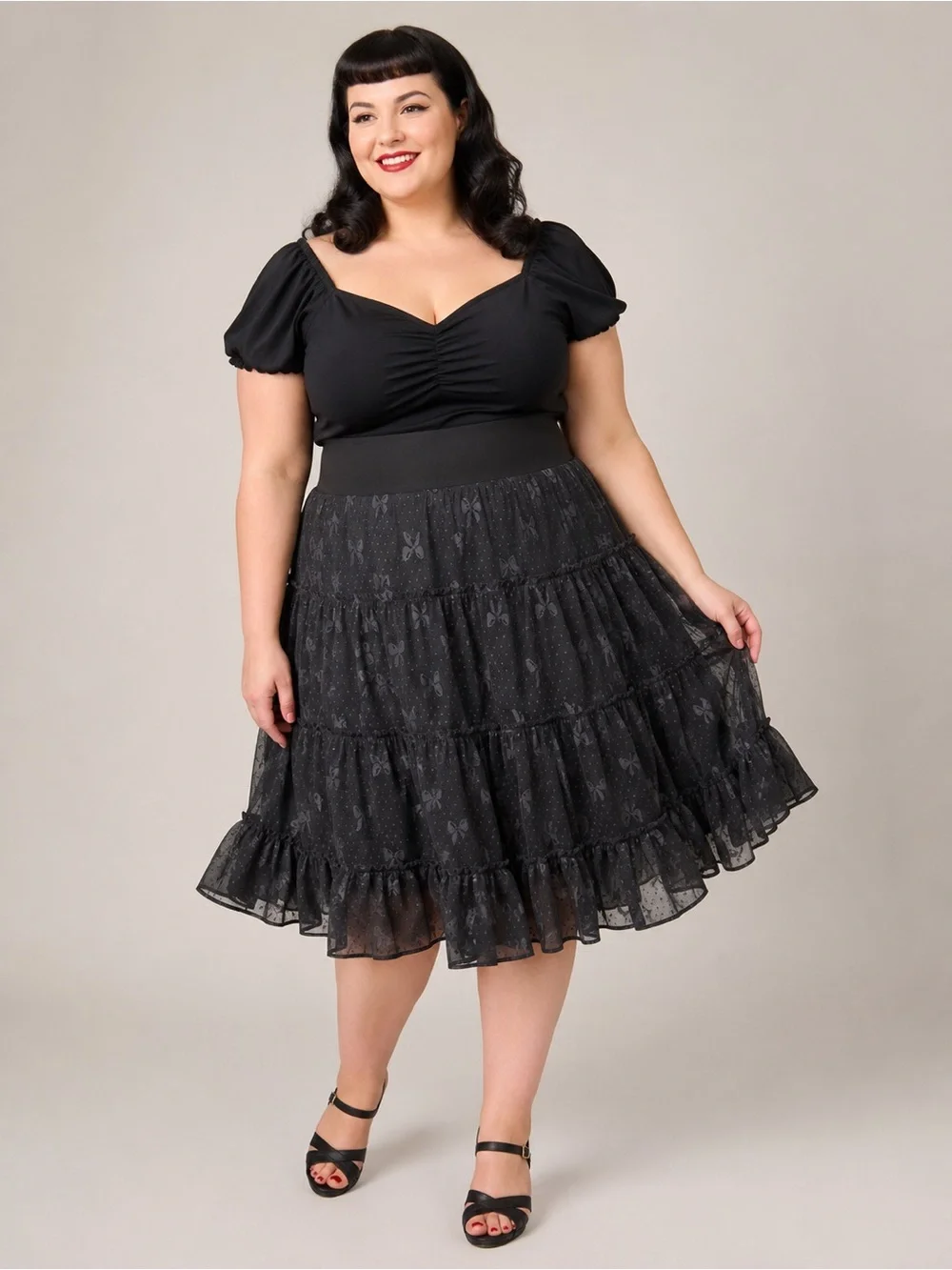Lindy Bop Black Tiered Swiss Dot Bow Skirt Women’s Size 14–20 Vintage Pin-Up
